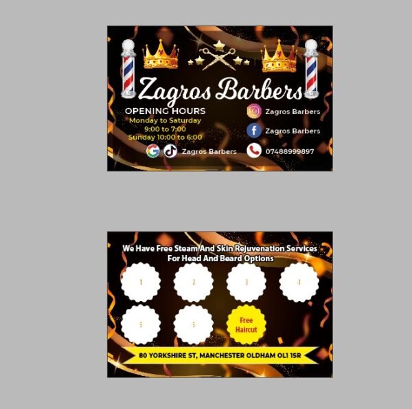 Barber Shop Loyalty Card (6) "Barber Shop Loyalty Card featuring a stylish design by Atlantic Design, used to reward customers for repeat visits and enhance brand loyalty."