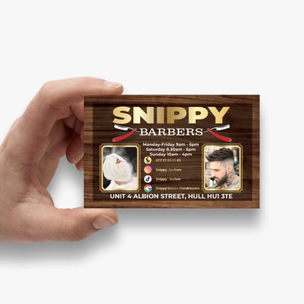 Custom barber business card design with a stylish and modern look for professional barbershop branding.