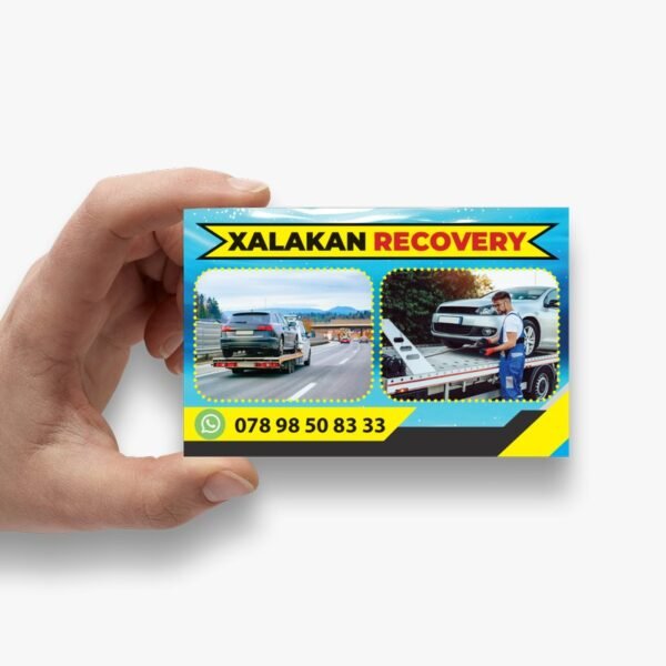 Professional recovery business card design by Atlantic Design for vehicle recovery and roadside assistance services, featuring clear contact information and clean, branded layout.