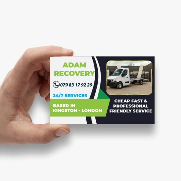 Professional recovery business card design by Atlantic Design for vehicle recovery and roadside assistance services, featuring clear contact information and clean, branded layout.